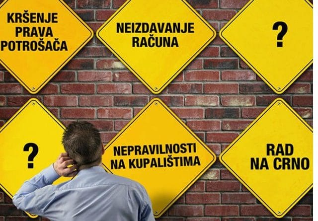 Човек стоји окренут ка зиду од цигле у Никшићу са пет жутих дијамантских натписа. На натписима на српском језику пише о кршењу права потрошача, неправилностима на плажи, неиздавању рачуна, раду на црно, а два натписа садрже упитнике.