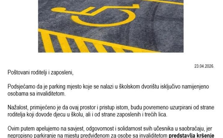 Apel OŠ “Olga Golović”: Parking za osobe sa invaliditetom mora se poštovati