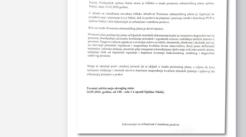 Opština Nikšić, urbanizam Nikšić, prostorno urbanistički plan, javna rasprava, okrugli sto, planiranje prostora, stručna javnost Crna Gora