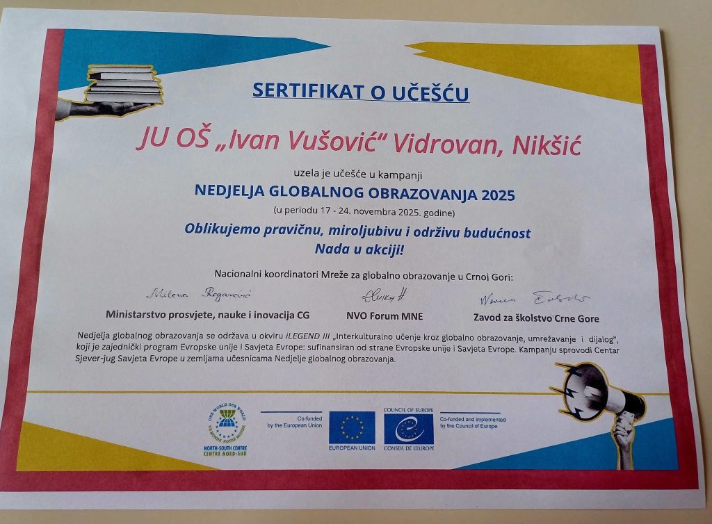 Nedjelja globalnog obrazovanja, OŠ Ivan Vušović, obrazovanje Crna Gora, globalno obrazovanje, školske aktivnosti, priznanje škola