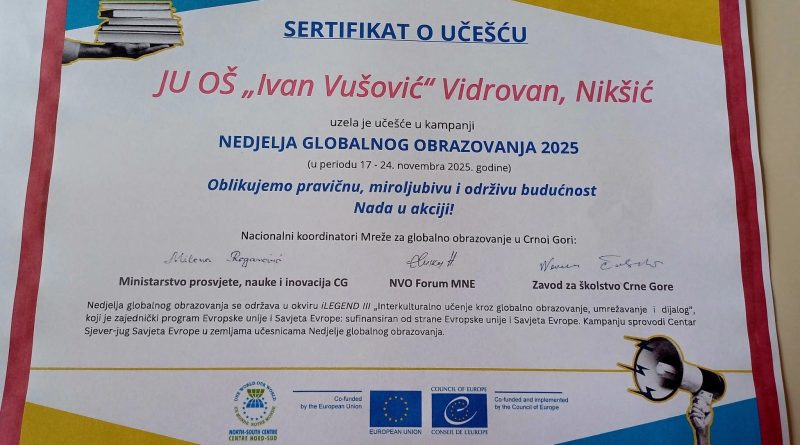 Nedjelja globalnog obrazovanja, OŠ Ivan Vušović, obrazovanje Crna Gora, globalno obrazovanje, školske aktivnosti, priznanje škola