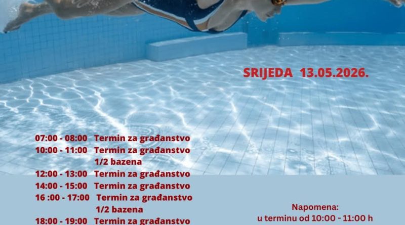 Raspored termina za građanstvo na bazenu u Nikšiću za 13. maj 2026. godine