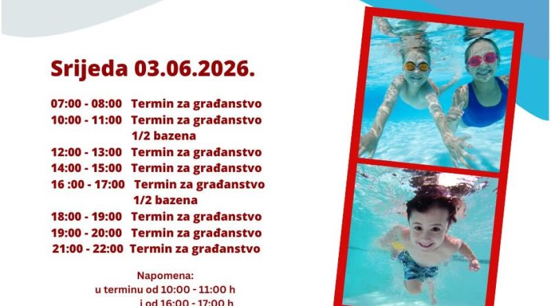 Raspored termina za građanstvo na bazenu u Nikšiću za 3. jun Raspored termina za građanstvo na bazenu u Nikšiću za 3. jun