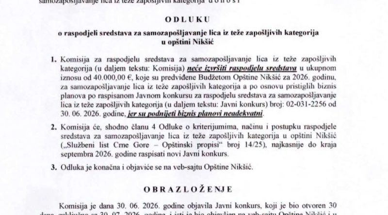 Opština Nikšić ponovo će raspisati konkurs za samozapošljavanje